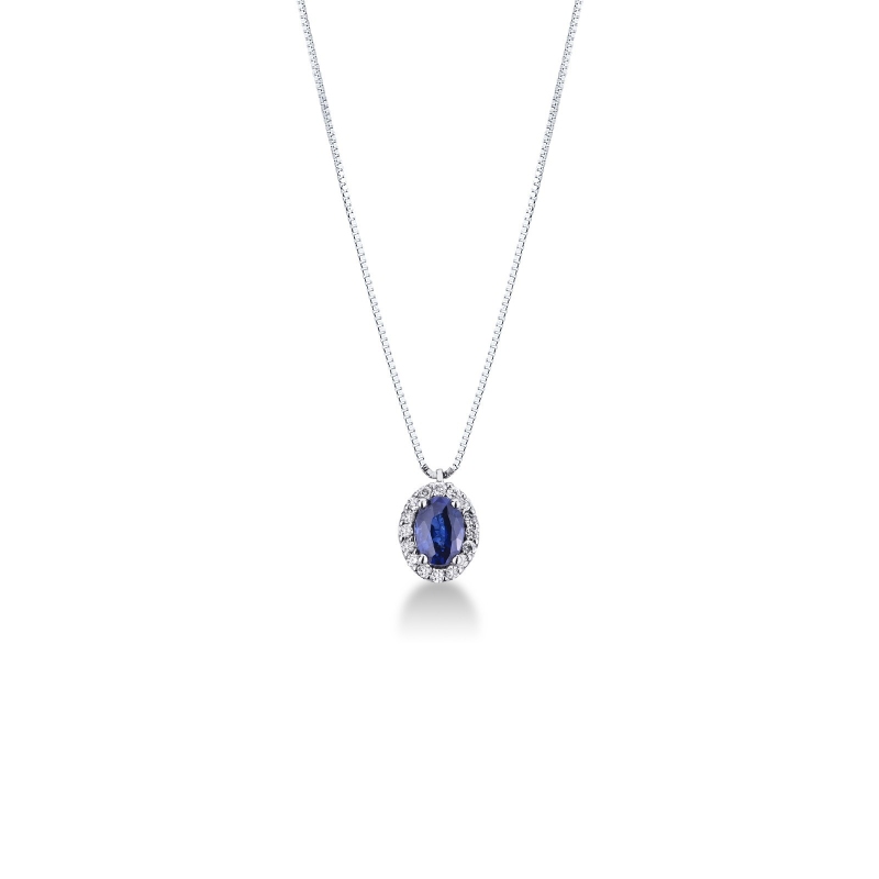 Collier halo en or blanc 18K saphir bleu entouré de diamants