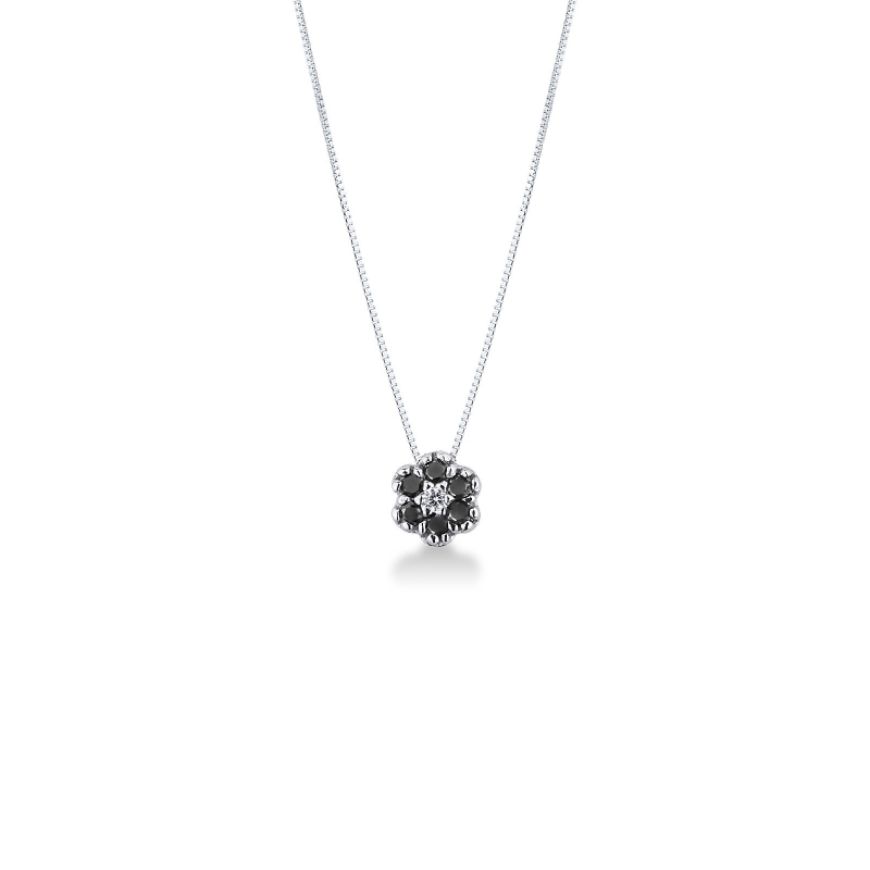 Pendentif en or blanc 18k avec fleur en diamants noirs et blancs
