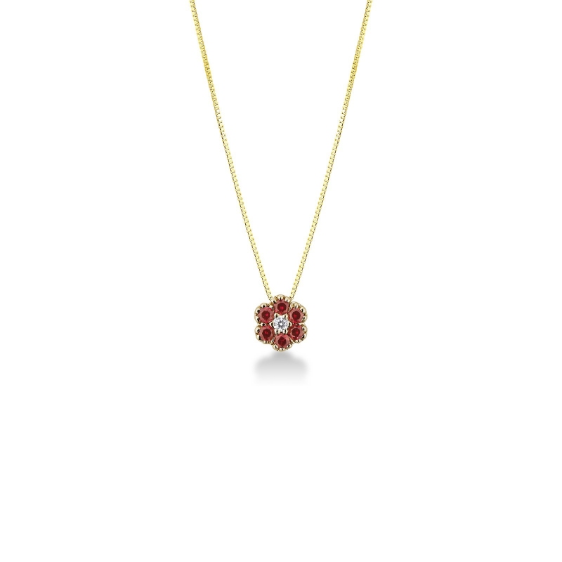 Collier avec pendentif fleur en or jaune 18k avec diamant et rubis