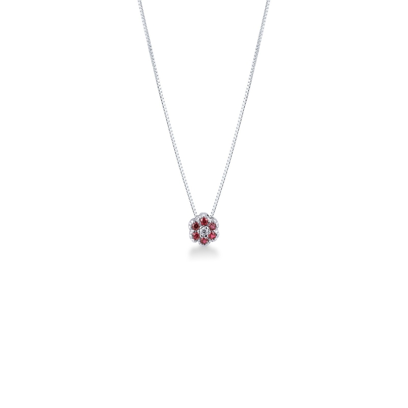 Collier avec pendentif fleur en or blanc 18k avec diamant et rubis