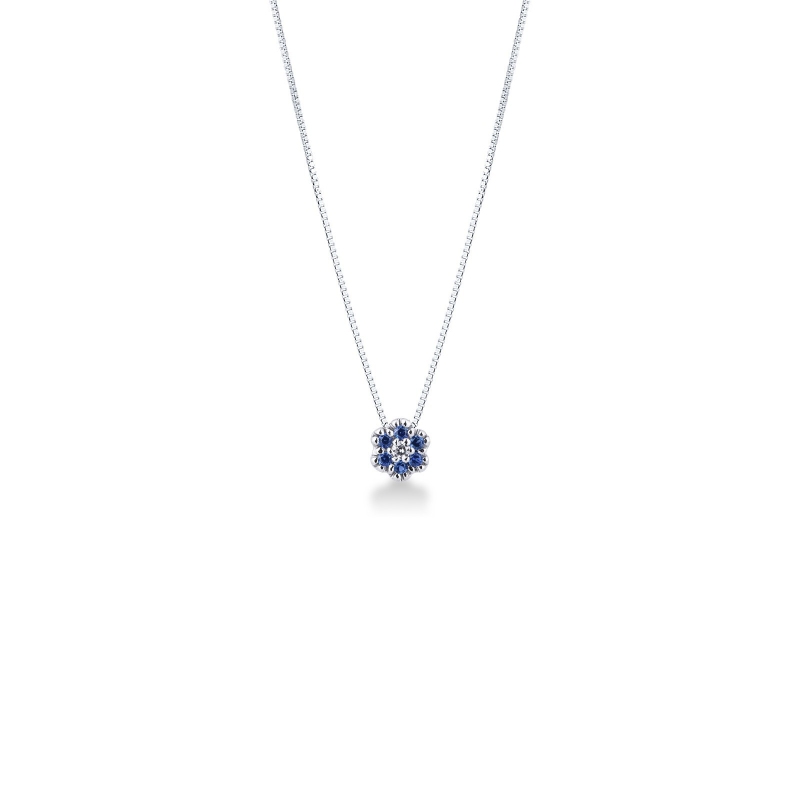 Collier fleur en Or Blanc 18k avec Diamant et Saphirs Bleus