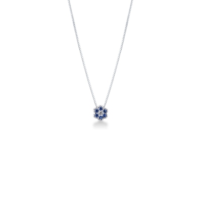 Collier fleur en Or Blanc 18k avec Diamant et Saphirs Bleus