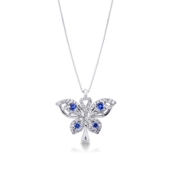 Collier avec pendentif papillon en or blanc 18k avec diamants et saphirs bleus