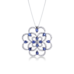 Collier fleur en or blanc 18k avec pendentif de saphirs bleus et diamants