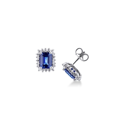 Boucles d'oreilles halo en or blanc 18k avec saphir bleu