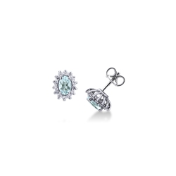 Boucles d'Oreilles en Or Blanc 18k avec AigueMarine Ovale et Diamants