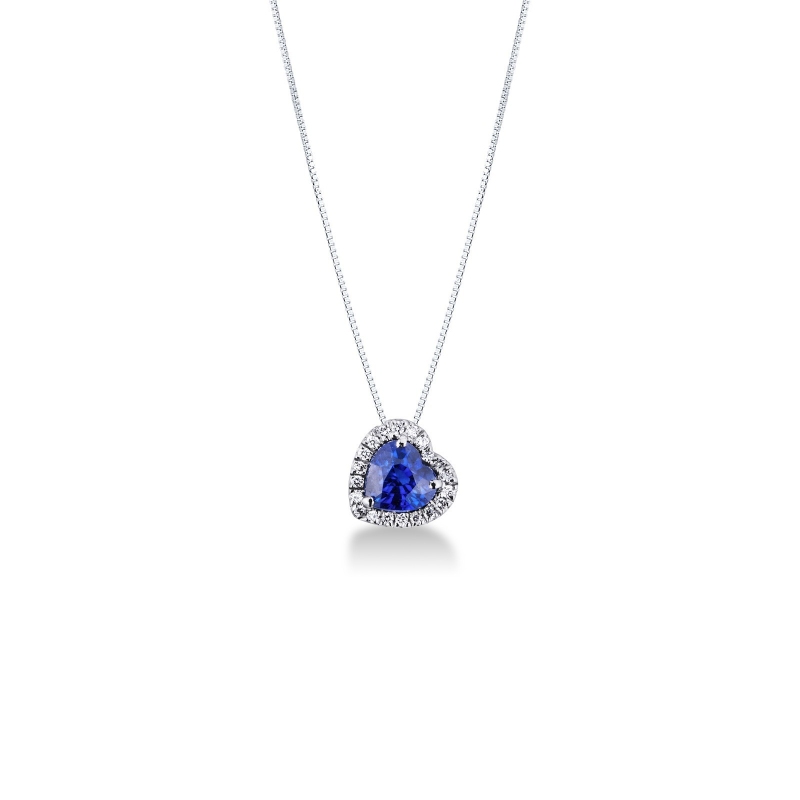 Collier avec saphir bleu cœur entouré diamants