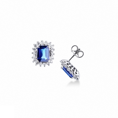 Boucles d'Oreilles en Or Blanc 18k avec Saphirs Bleus Rectangulaires et Diamants