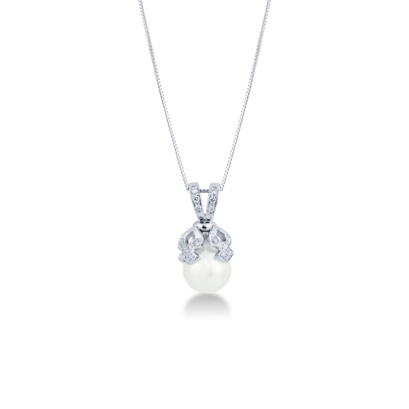 Collier femme en or blanc 18k avec perle naturelle et diamants