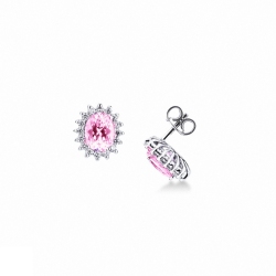 Boucles d'oreilles en or blanc 18 ct avec un saphir rose ovale et halo de diamants 