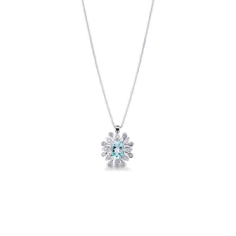Collier halo oval Or Blanc 18 cts, Aigue Marine et Diamant