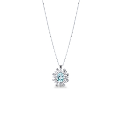 Collier halo oval Or Blanc 18 cts, Aigue Marine et Diamant