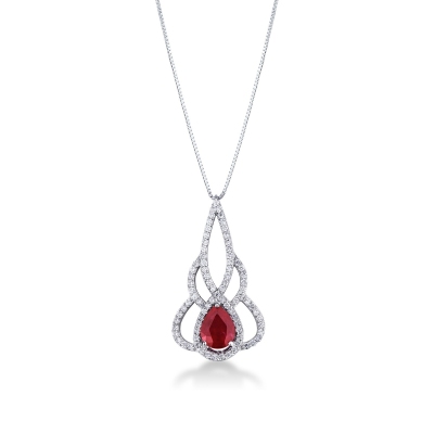 Collier en or blanc 18k avec pendentif flamme rubis et diamants