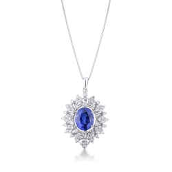 Collier design en or blanc 18k avec saphir bleu et diamants