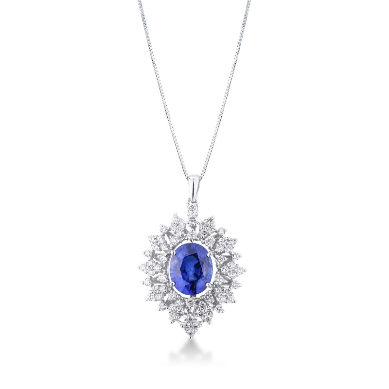 Collier design en or blanc 18k avec saphir bleu et diamants