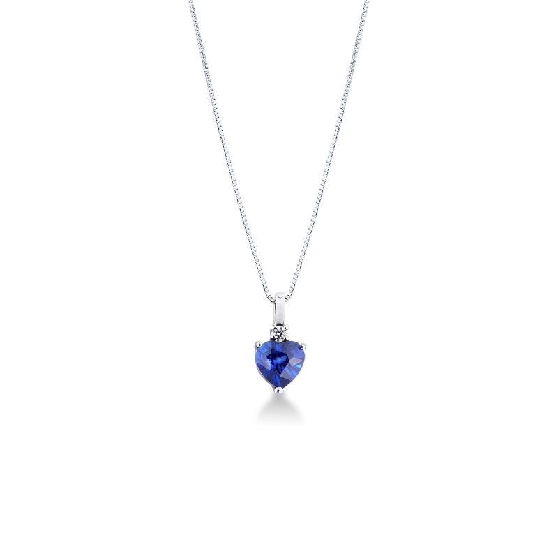 Collier or blanc 18k cœur saphir bleu et diamant