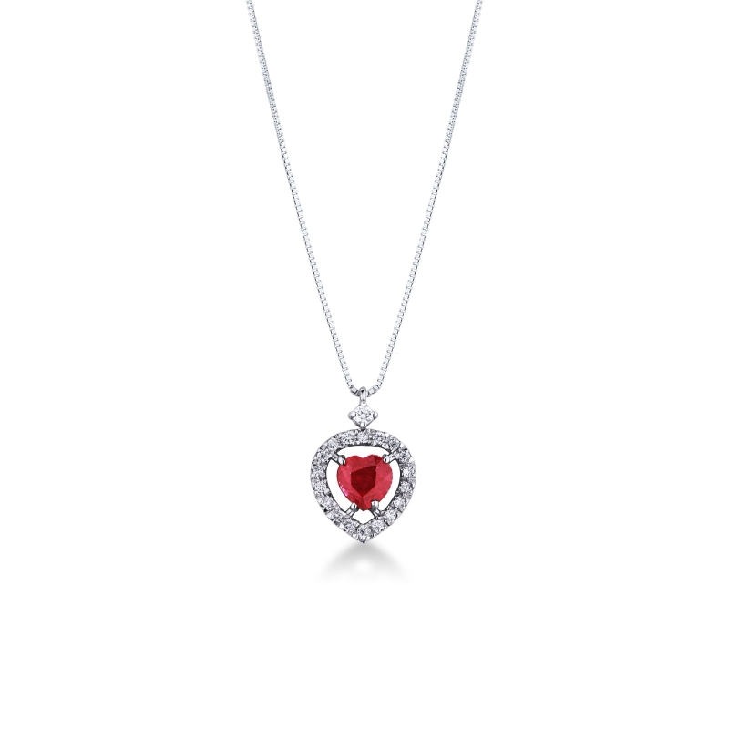Collier or blanc 18k avec pendentif coeur rubis