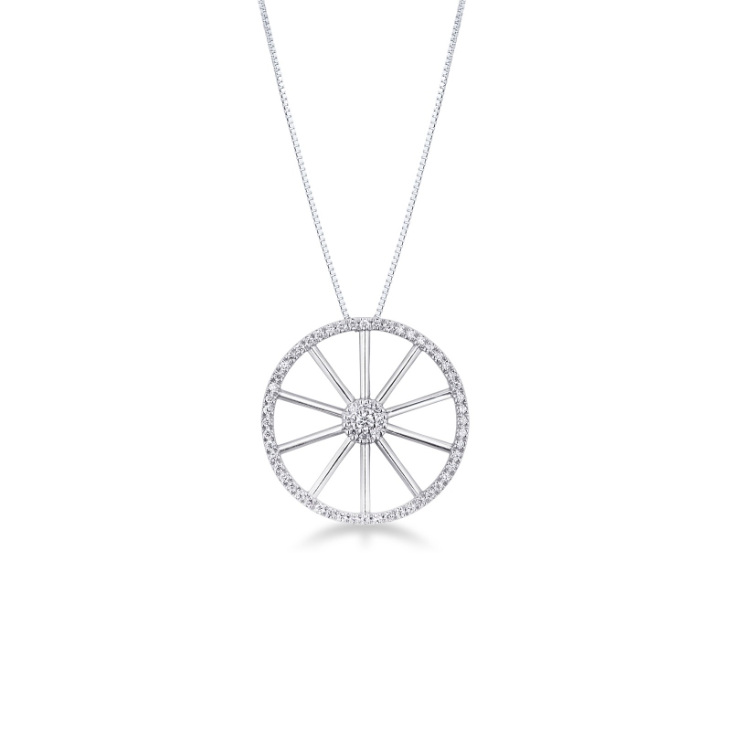 Collier en or blanc 18k avec pendentif en forme de roue