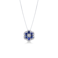 Collier or blanc 18k avec fleur saphirs bleus et diamants