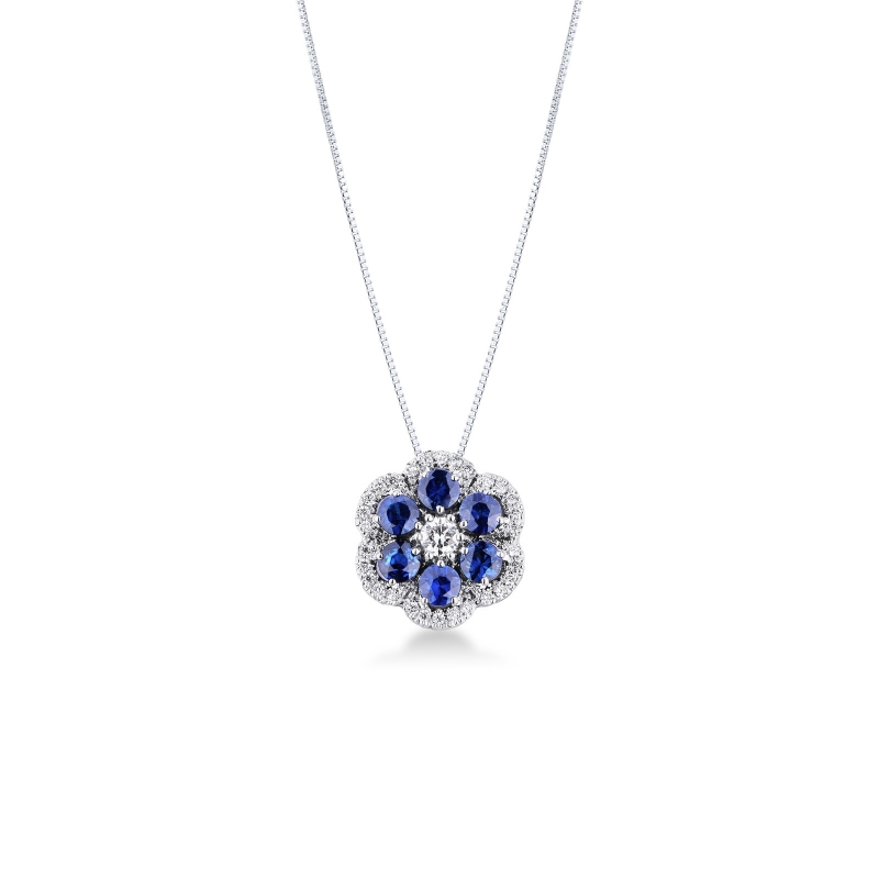 Collier or blanc 18k avec fleur saphirs bleus et diamants