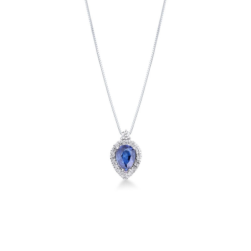 Collier en or blanc 18k goutte en saphir bleu et halo de diamants