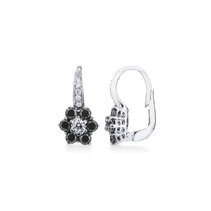 Boucles d oreilles fleur en or 18K avec diamants noirs et blancs