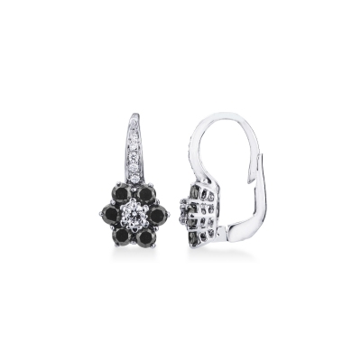 Boucles d oreilles fleur en or 18K avec diamants noirs et blancs