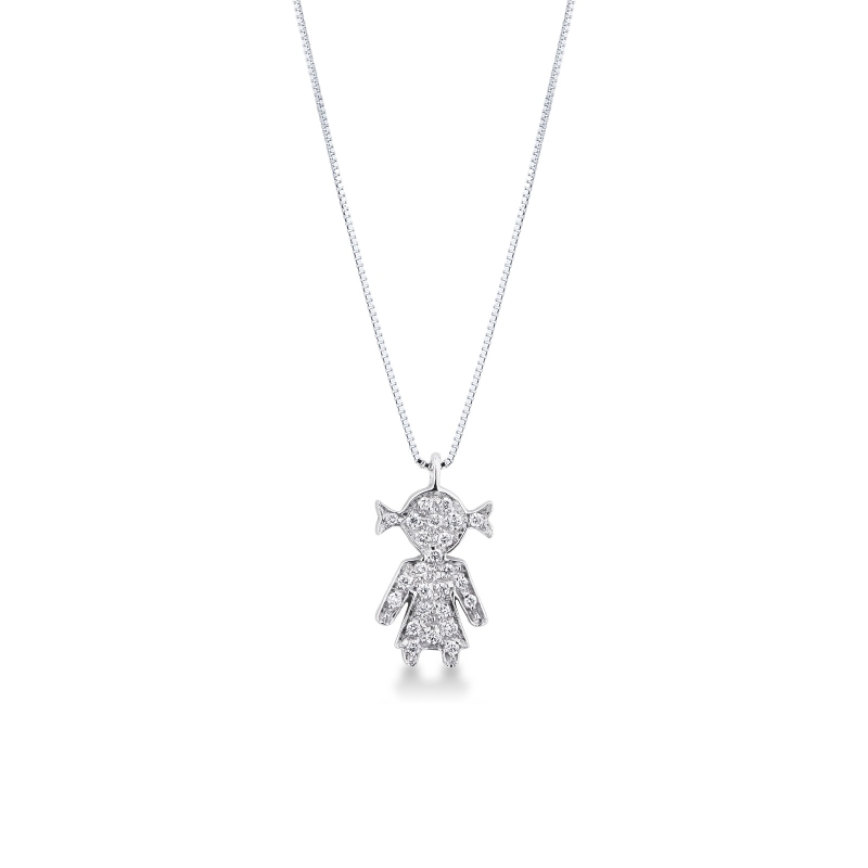 Collier en or blanc 18k avec pendentif petite fille en diamants 