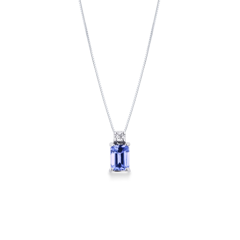 Collier en or blanc 18k avec tanzanite rectangulaire et diamant