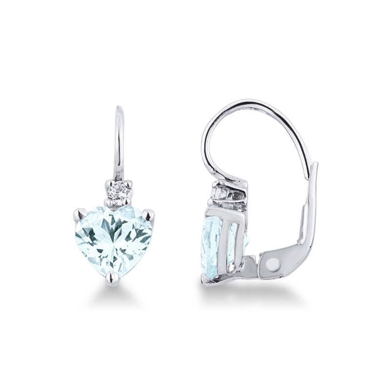 Boucles d'oreilles à cœur en or blanc 18 carats aigue-marine et diamant