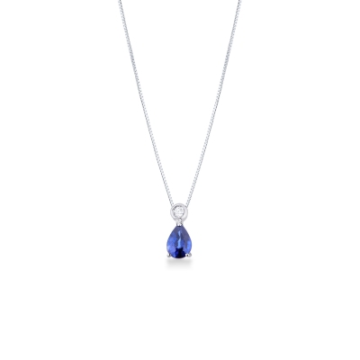 Collier en Or Blanc 18k avec Pendentif Goutte et Saphir Bleu