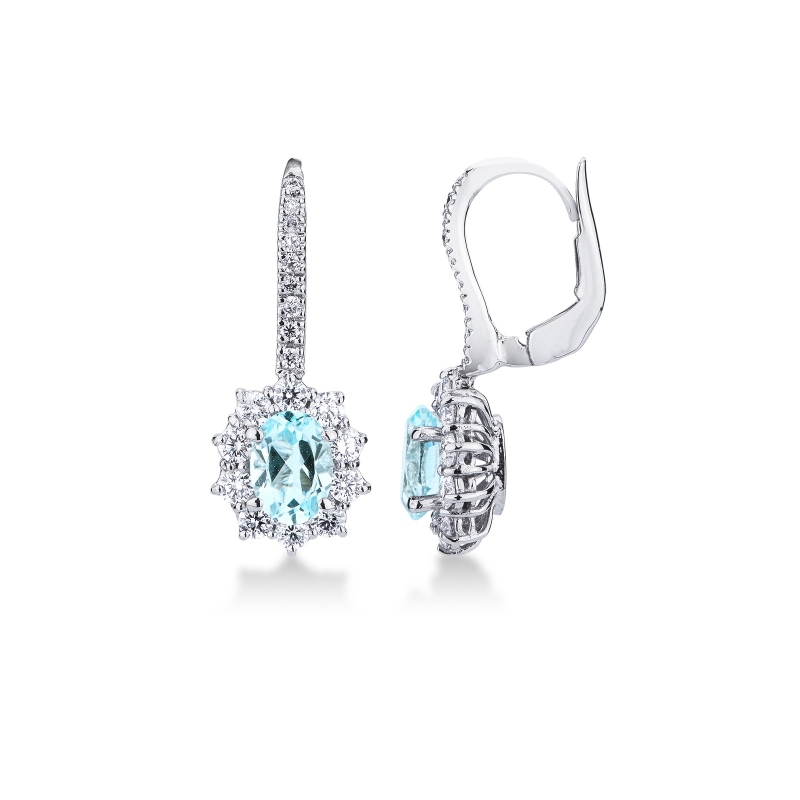 Boucles d'oreilles or blanc 18k avec aigue-marine halo de diamants