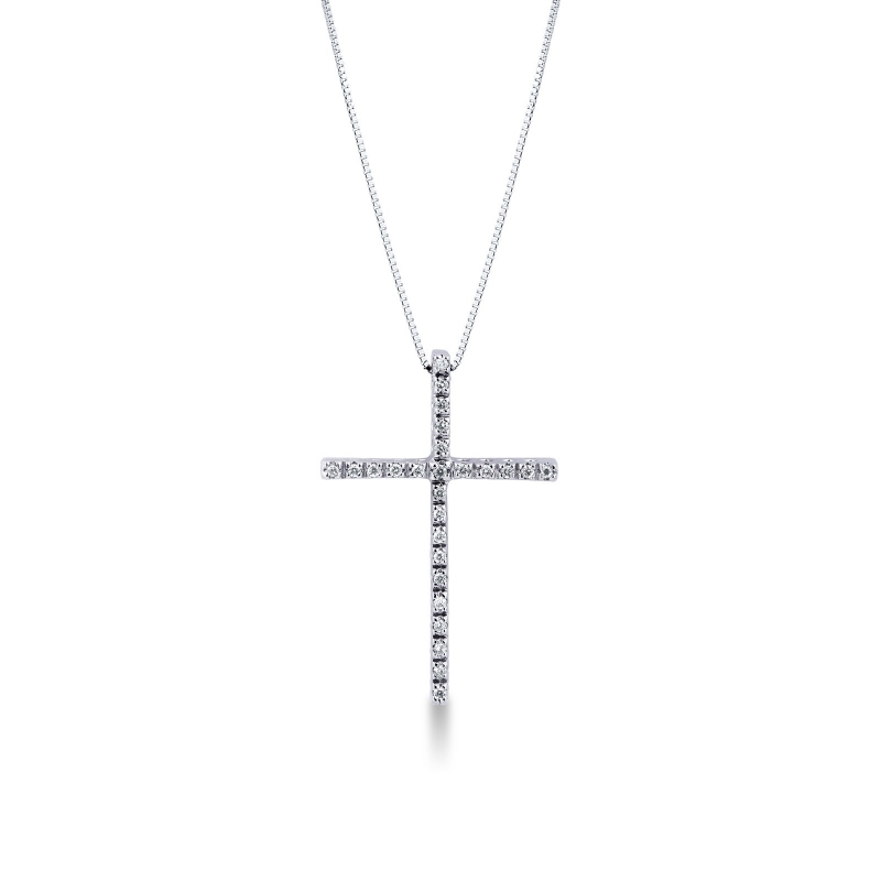 Collier en or blanc 18k avec pendentif croix serti de diamants