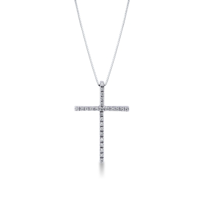 Collier en or blanc 18k avec pendentif croix serti de diamants