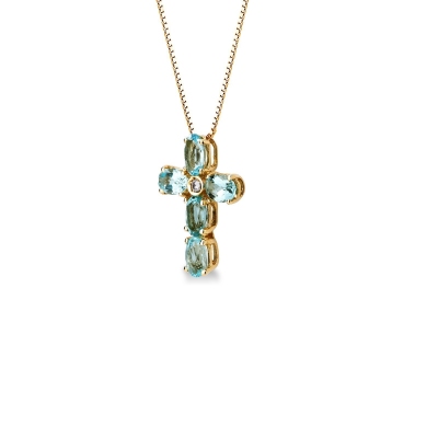 Collier en or jaune 18k avec croix sertie d’aiguemarine et diamant