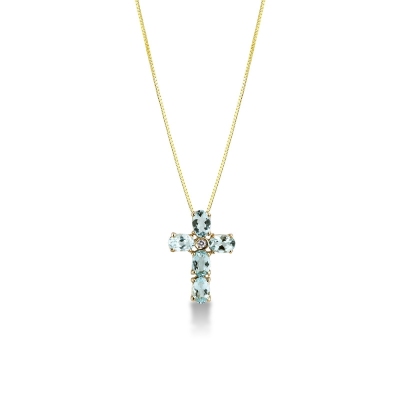 Collier en or jaune 18k avec croix sertie d’aiguemarine et diamant