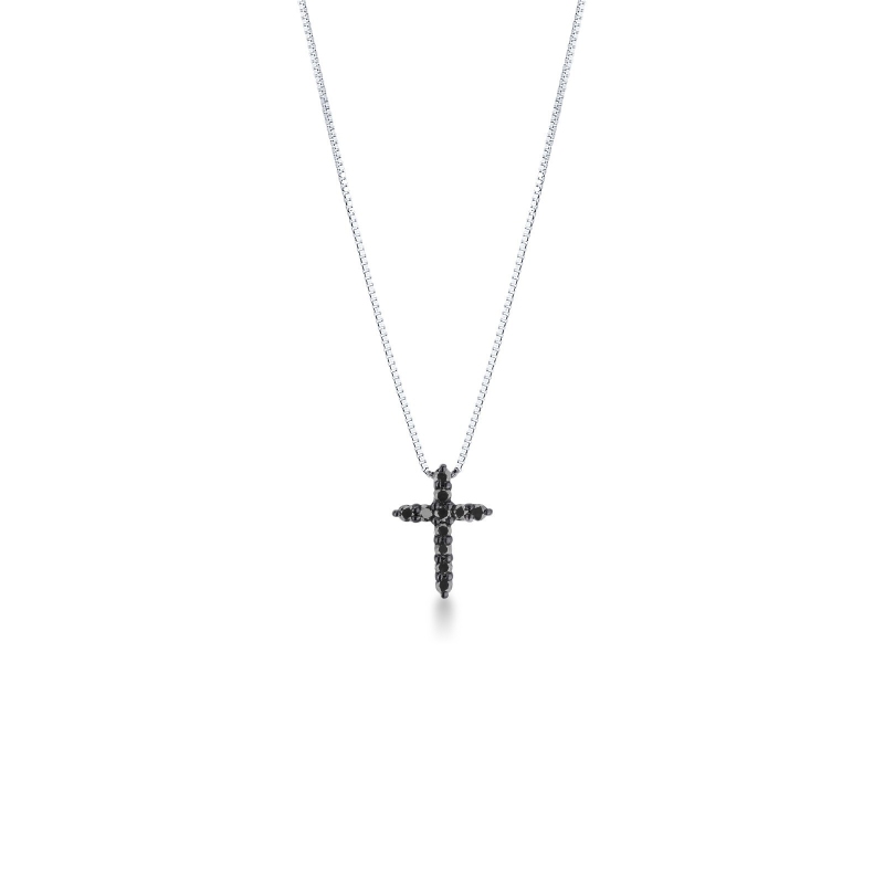 Collier croix en or blanc 18k avec diamants noirs