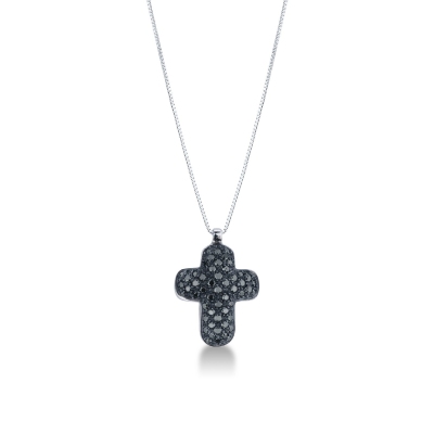 Collier avec croix bombée en or blanc 18k avec diamants noirs
