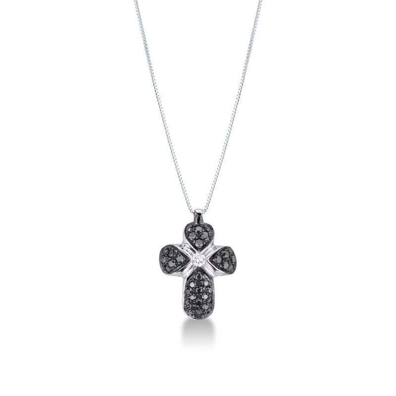 Collier avec croix bombée en or blanc 18k avec diamants noirs et diamant