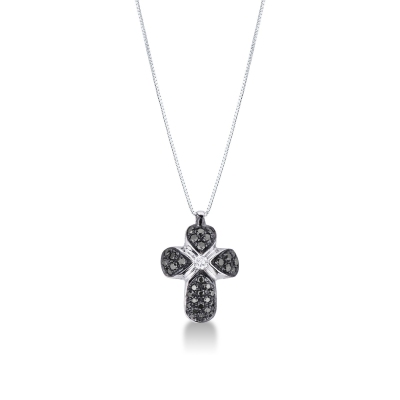 Collier avec croix bombée en or blanc 18k avec diamants noirs et diamant