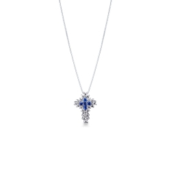 Collier avec croix en or blanc 18k avec saphirs bleus et diamants