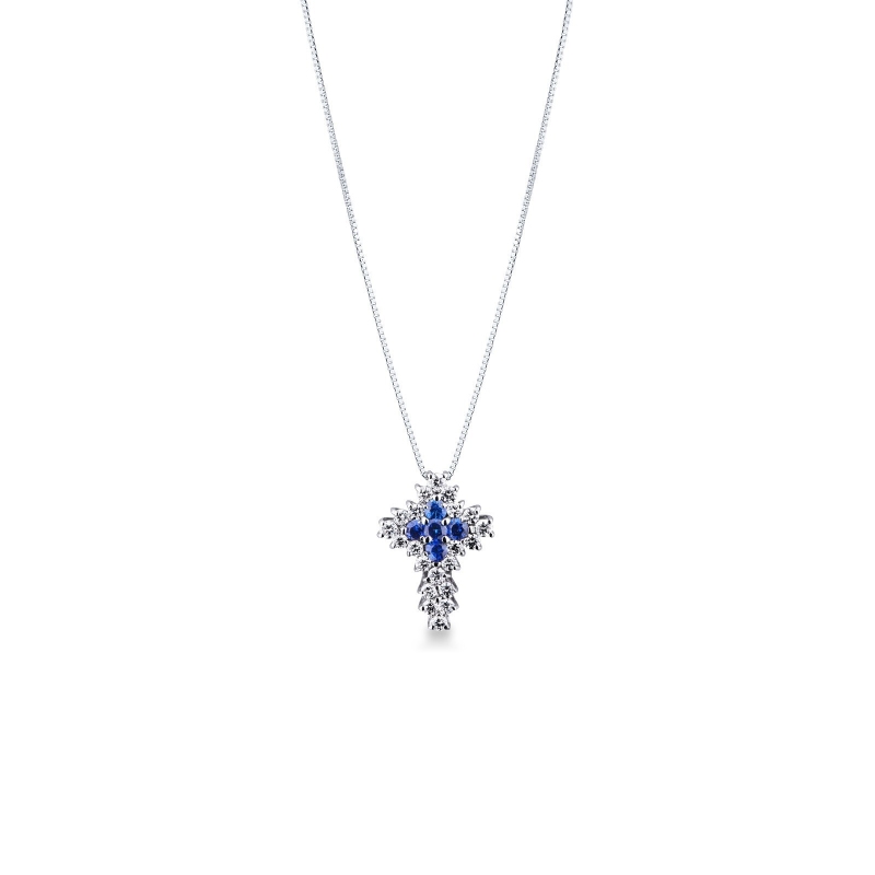 Collier avec croix en or blanc 18k avec saphirs bleus et diamants