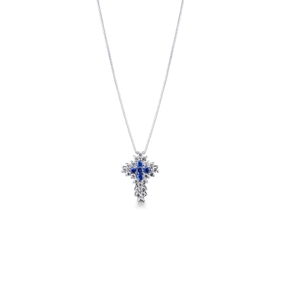 Collier avec croix en or blanc 18k avec saphirs bleus et diamants