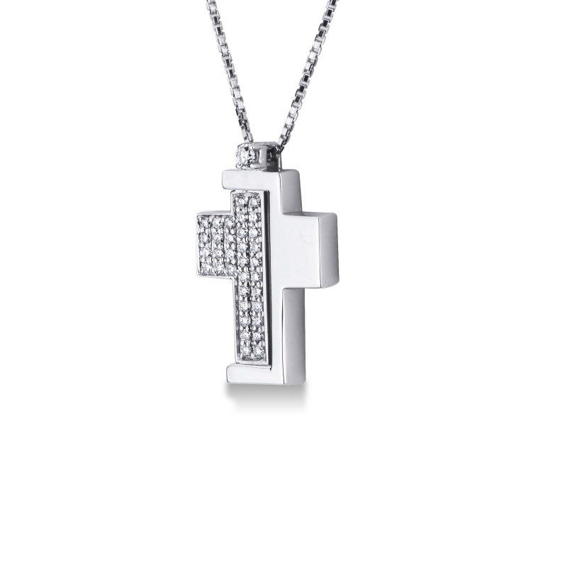 Collier homme en or blanc pendentif à croix avec diamants or blanc 18k