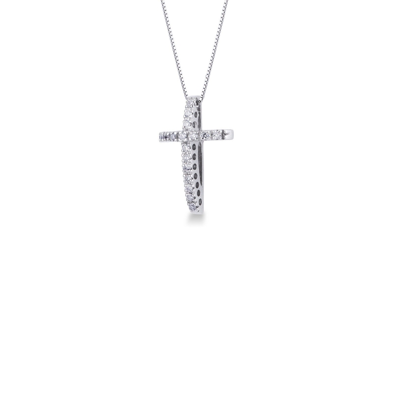  Collier croix bombée en or blanc 18k avec diamants