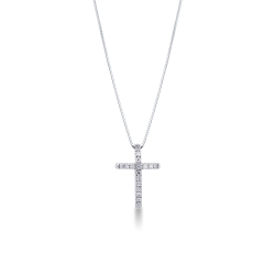  Collier croix bombée en or blanc 18k avec diamants