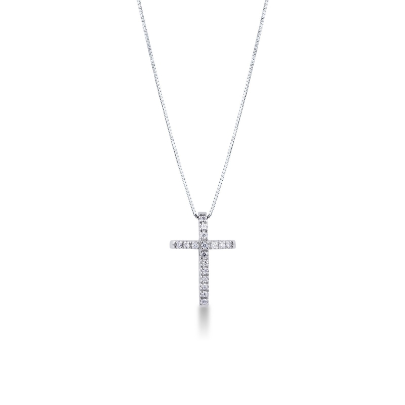  Collier croix bombée en or blanc 18k avec diamants