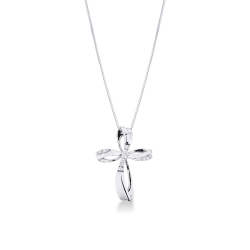 Collier avec croix bombée en or blanc 18 carats avec diamants