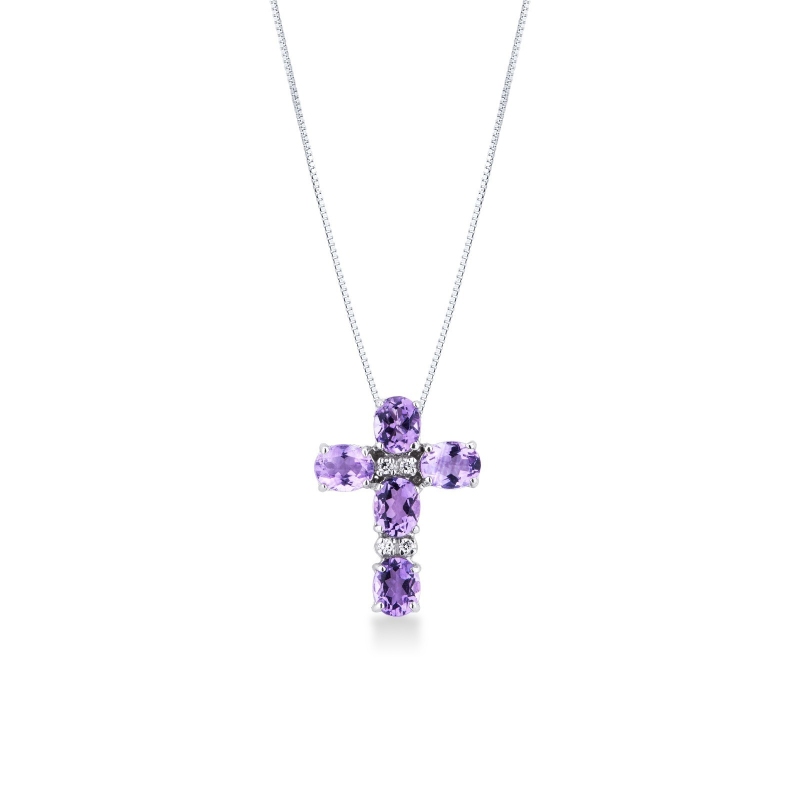 Collier en or blanc 18 carats avec croix d'améthystes et diamants