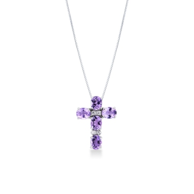 Collier en or blanc 18 carats avec croix d'améthystes et diamants